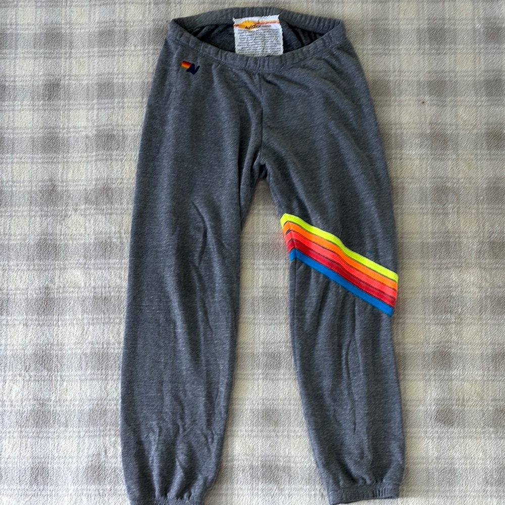 Aviator Nation Gray Track Pants with Rainbow Stripes